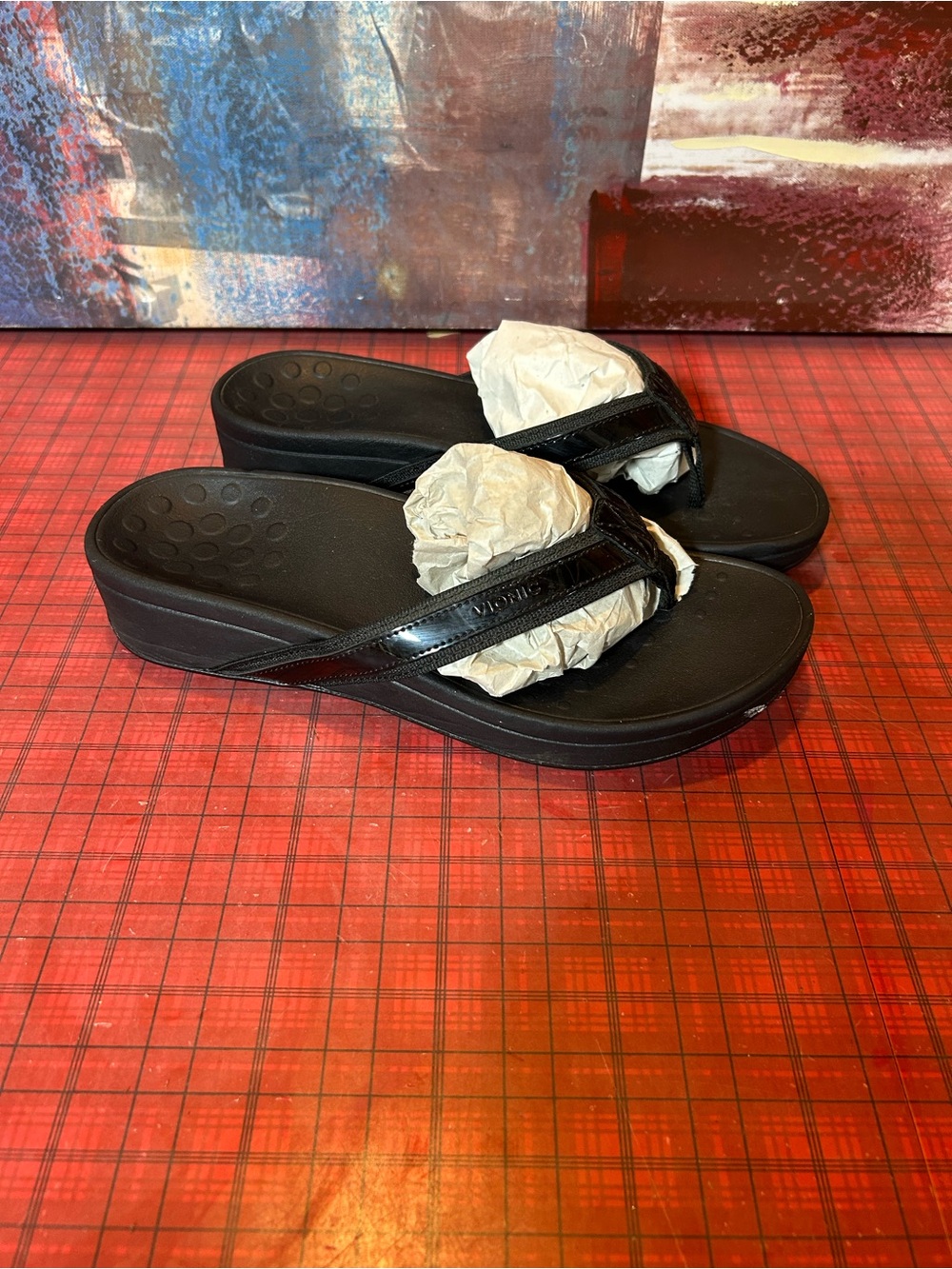 Vionic Tide Sandal Womens 9 Black Patent Leather Webbing Comfort Slip On Thong